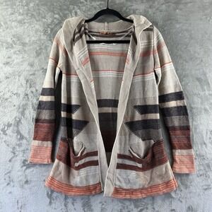 Belldini Cardigan Sweater Women's M Orange Tan Southwestern Aztec Hooded Pockets